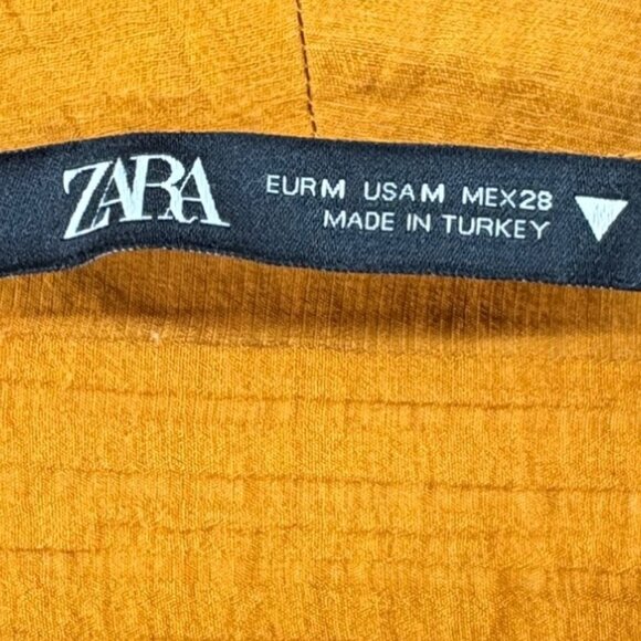 Zara Rust Textured Button-Up Blouse With Tie Neck & Ruffled Sleeves Size Medium - Picture 6 of 7